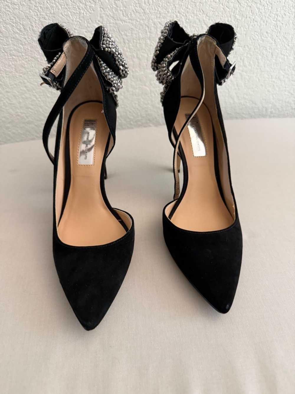 Nine West Black Suede Pointed-Toe Heels with Crystal Bow Ankle Strap